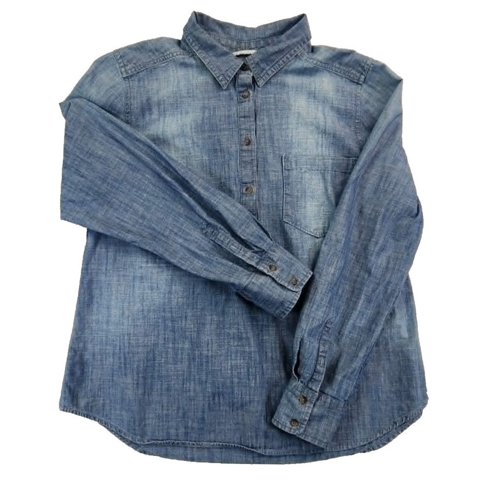 Merona Button Down Chambray Blue Women XL Long Sleeve Cotton Denim Shirt